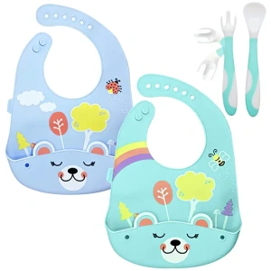 BRUNOKO Juego de 2 baberos de silicona + cubiertos para bebés 3 en 1